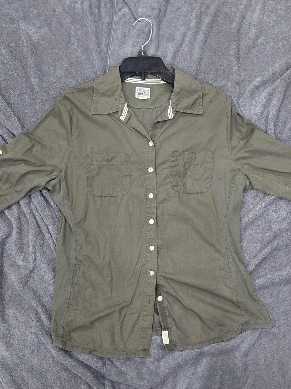 Converse One Star Olive Green Utility Button Up Shirt Roll Tab Sleeve XL